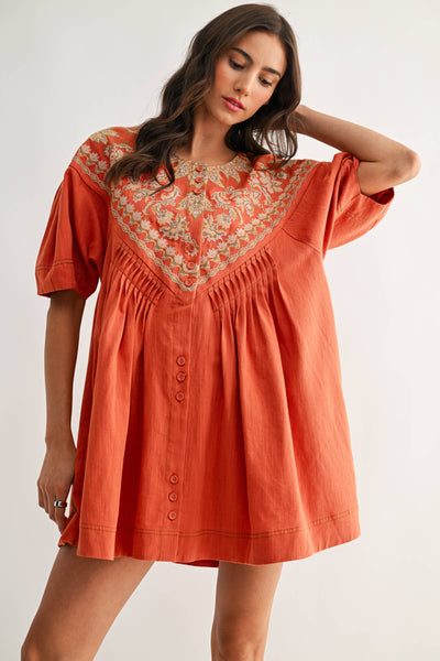 CJD26988 Embroidered Linen Tunic Dress: BURNT ORANGE / S-M-L (3-2-1)