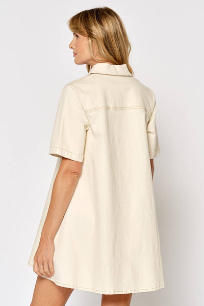 ILD4879 SHORT SLEEVE BUTTON DOWN SHIRT DRESS: CREAM / MEDIUM