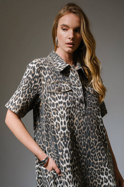 Leopard Print Button-Up Denim Dress: LEOPARD