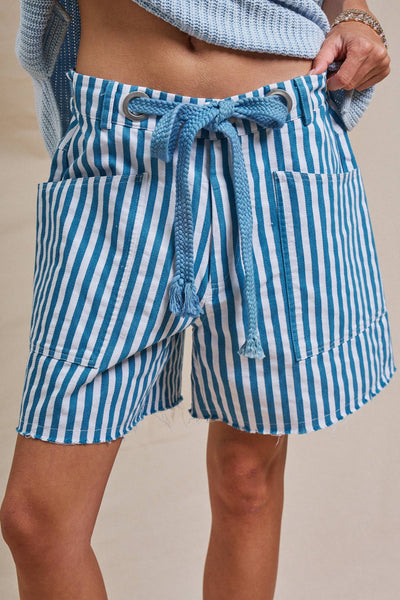 Striped High-Rise Denim Shorts: RED