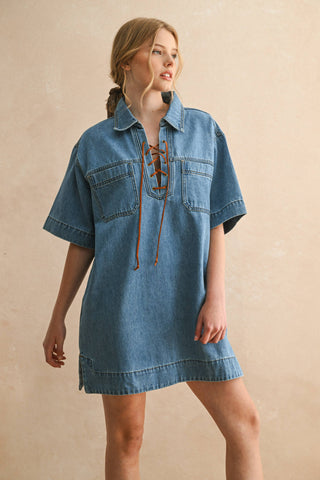 SUEDE LACE UP DENIM SHIRT DRESS: DENIM