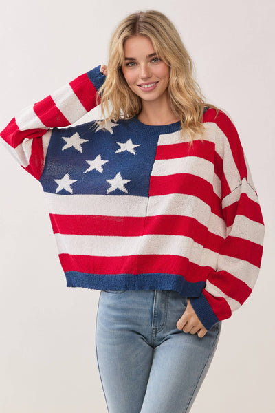 CW2647-American Flag Pattern Knit Pullover Sweater: Red / S