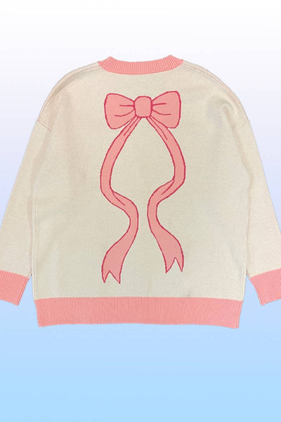 Varsity knit bow cardigan: Pink multi
