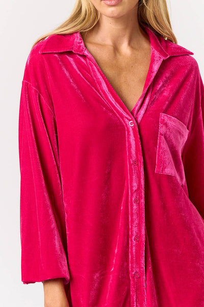 VELVET BUTTON UP COLLARED SHIRTS DRESS: HOT PINK