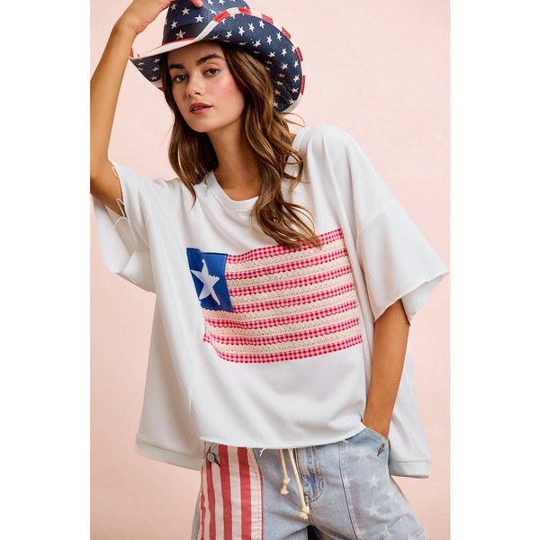 4TH OF JULY AMERICAN FLAG PATCHWORK SHORT TOP: OFF WHITE