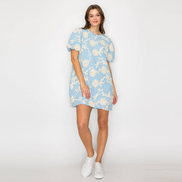 Baby Blue with White Rosette Detail Mini Dress: