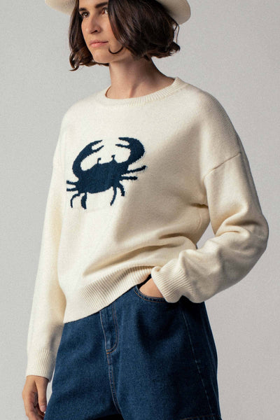 Crab Graphic Relaxed Knit Sweater: Ivory