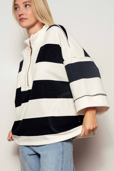 Oversized Half Zip Bold Stripe Statement Pullover Sweatshirt: CREAM BLACK