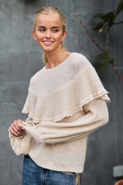 Ruffle Yoke Blouson Sleeve Knit Sweater: NATURAL