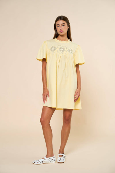 Embroidered Short Sleeve Babydoll Mini Dress: Butter Yellow