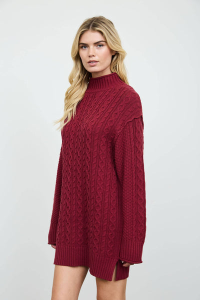 CABLE KNIT MOCK NECK MINI SWEATER DRESS: CHOCOLATE BROWN