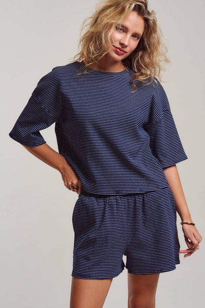 Striped Knit Two-Piece Lounge Set Boxy Tee: RED WHITE / S-M-L:2-2-2