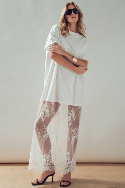 Mixed-Media T-Shirt Dress with Sheer Lace Skirt: White