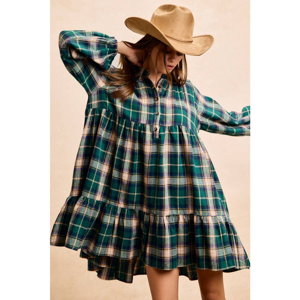 PLAID WOVEN SHRRING BUTTONED TIERED SHIRT DRESS: CAMEL MULTI / S