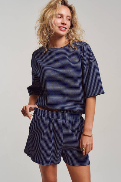 Striped Knit Two-Piece Lounge Set Boxy Tee: RED WHITE / S-M-L:2-2-2