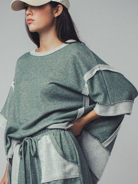 Garner Cozy Reverse Stitch Ribbed Sleeve Sweater: OLIVE