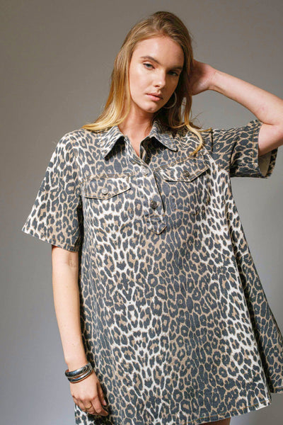 Leopard Print Button-Up Denim Dress: LEOPARD
