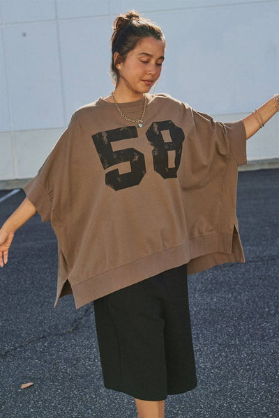 Retro Graphic Oversized French Terry Top: Brown / ONE SIZE