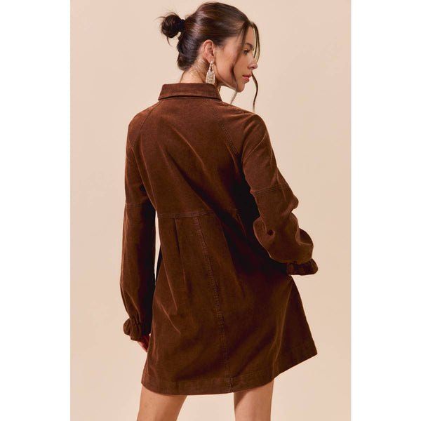 WASHED CORDUROY BUTTON DOWN SHIRT MINI DRESS: BROWN