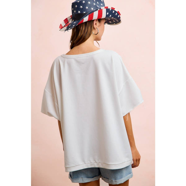 4TH OF JULY AMERICAN FLAG PATCHWORK SHORT TOP: OFF WHITE