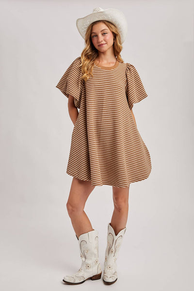 PUFF SLEEVES BILLOWY SILHOUETTE STRIPED DRESS: LATTE
