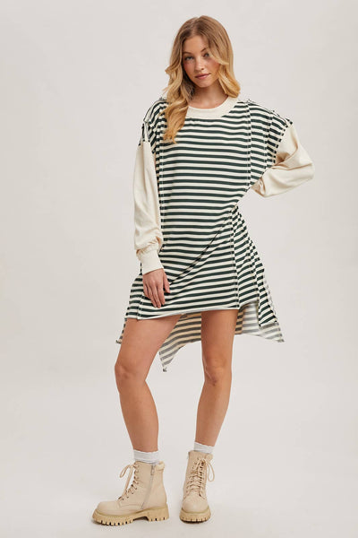 OVERSIZED CONTRAST STRIPE SWEATSHIRT DRESS: HUNTER GREEN