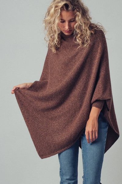 Shimmer Asymmetric Hem Knit Poncho: Brown