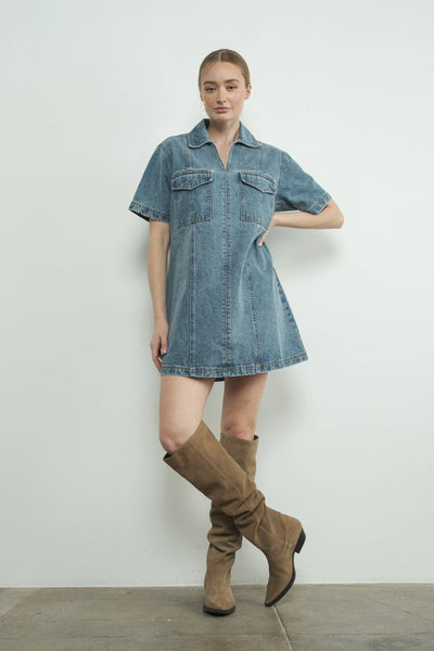 DENIM PULL ON COLLAR MINI DRESS: MEDIUM WASH