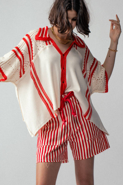 Striped High-Rise Denim Shorts: RED