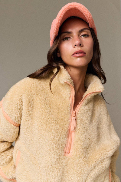 Fluffy Yarn Fleece Zip-Up Jacket: BEIGE/ORANGE