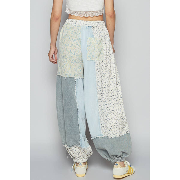 Adjustable waistband contrast patchworks patns: DENIM MULTI / M