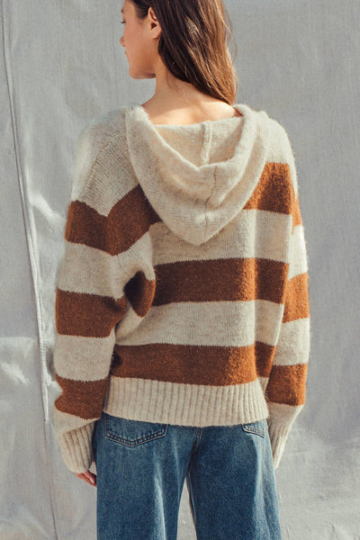 Striped Knit Hoodie – Half Zip, Relaxed Fit: IVORY CAMEL