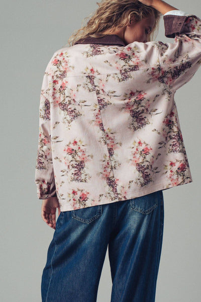 Watercolor Floral Oversized Cotton Utility Jacket: PINK/BROWN