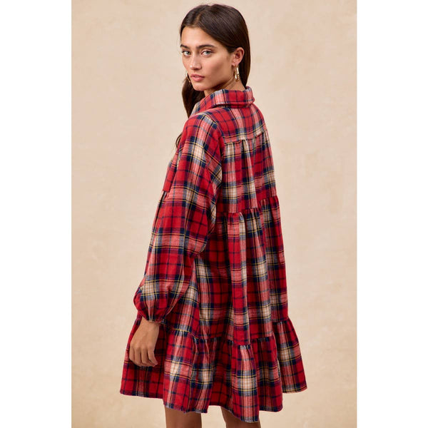 PLAID WOVEN SHRRING BUTTONED TIERED SHIRT DRESS: CAMEL MULTI / L