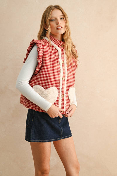 GINGHAM PATTERN SHERPA POCKET VEST: Red