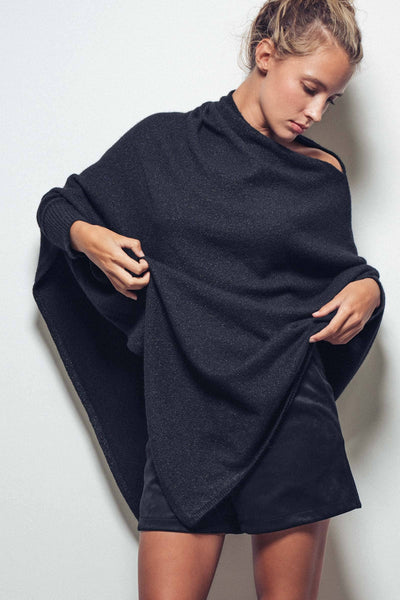 Shimmer Asymmetric Hem Knit Poncho: Brown