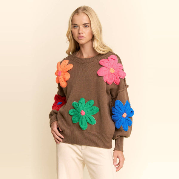 3D Floral Applique Crewneck Sweater: Mocha