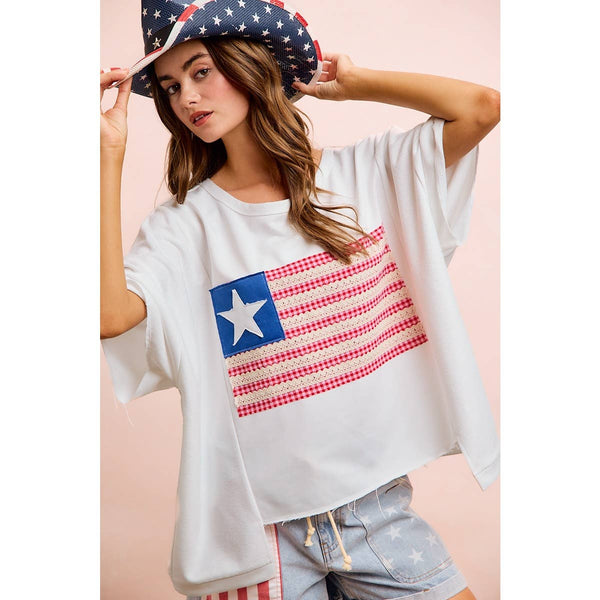 4TH OF JULY AMERICAN FLAG PATCHWORK SHORT TOP: OFF WHITE