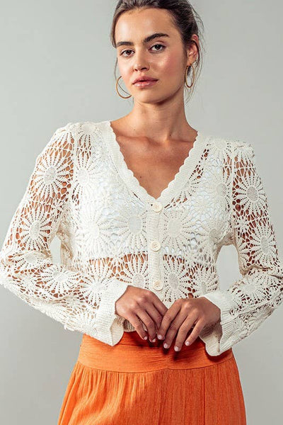 Romantic Floral Crochet Button Down Spring Cropped Cardigan