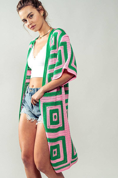 Geometric Crochet Midi Length Open Front Cardigan: PINK