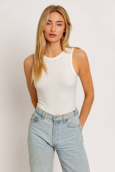 ROUND NECK SLEEVELESS BODYSUIT: White /