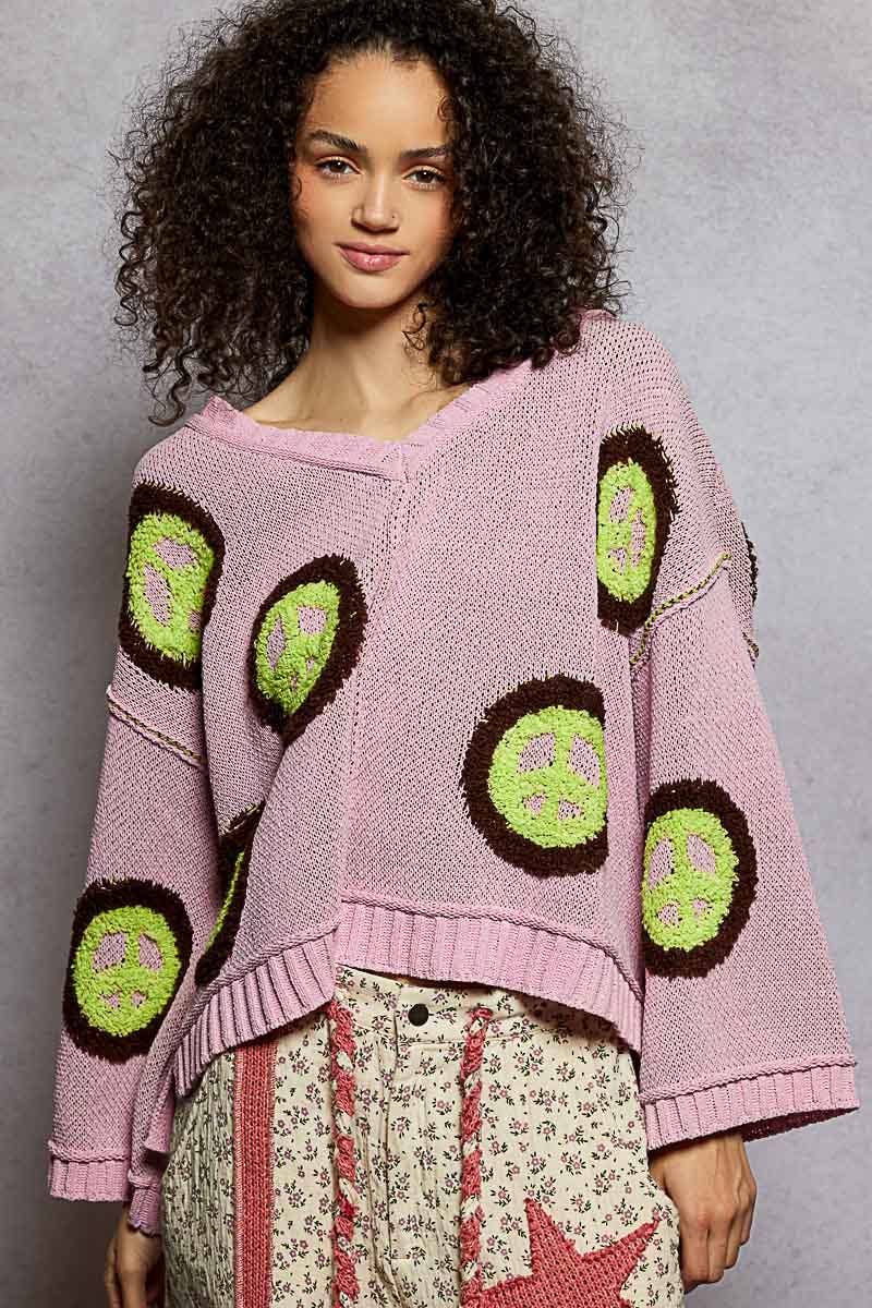 V neck long sleeve peace Berber print sweater