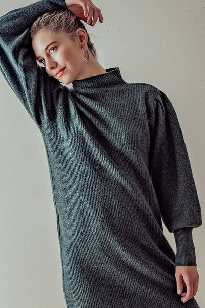 Balloon Sleeve Mock Neck Sweater Dress: HUNTER GREEN / S-2/M-2/L-2