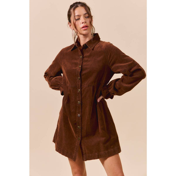 WASHED CORDUROY BUTTON DOWN SHIRT MINI DRESS: BROWN