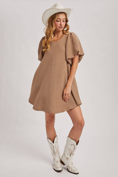 PUFF SLEEVES BILLOWY SILHOUETTE STRIPED DRESS: LATTE