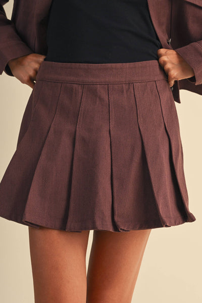 CROPPED TWILL JACKET WITH PLEATED FRONT SKORT SET: RED BEAN