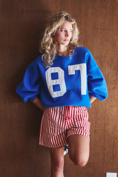"87" Graphic Balloon Sleeve Oversized Sweatshirt: Blue