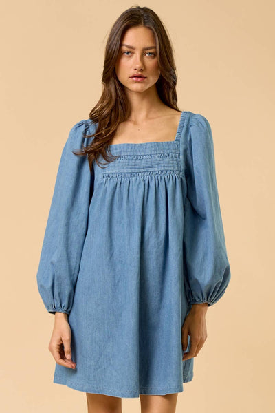 Long Sleeve Puff Sleeve Denim Dress