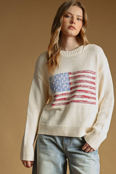 AMERICAN FLAG ROUND NECK SWEATER TOP: BEIGE