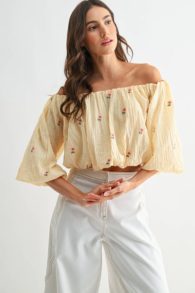 CJT27076 Off-Shoulder Floral Embroidered Blouse: LT.YELLOW / S-M-L (3-2-1)